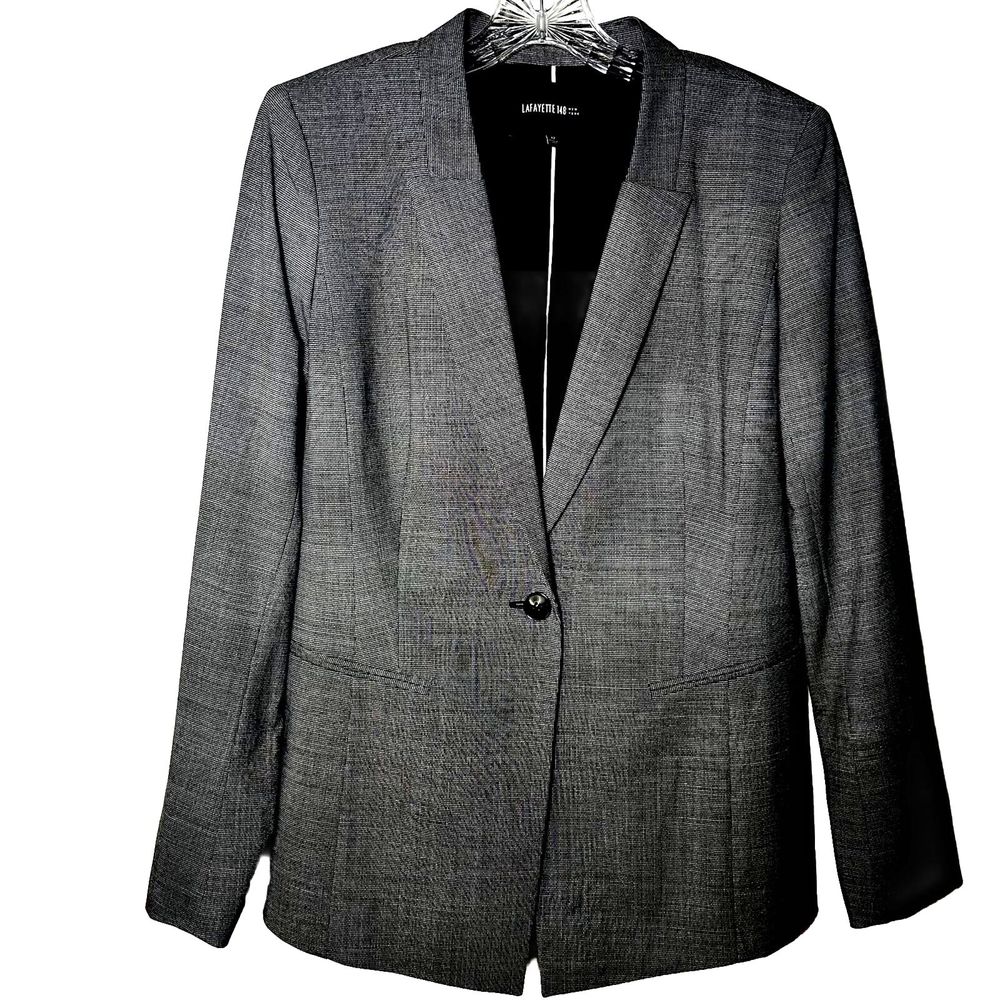 Lafayette 148 Womens Size 12 Gray Plaid One Button Wool Blazer Jacket SMALL FLAW